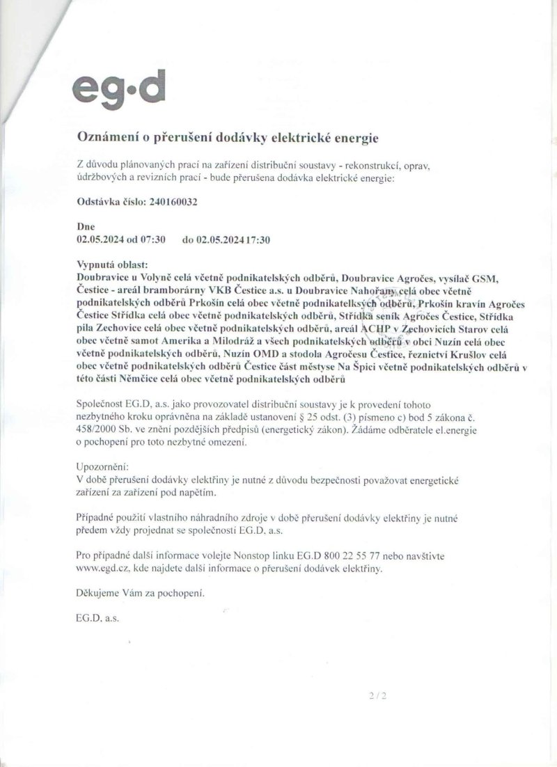 Oznámení o přerušení dodávky elektrické energie - Doubravice u Volyně, Prkošín, Střídka, Nuzín,Nahořany, Krušlov, Na Špici dne 2.5.2024 od 7.30 do 17.30.jpg